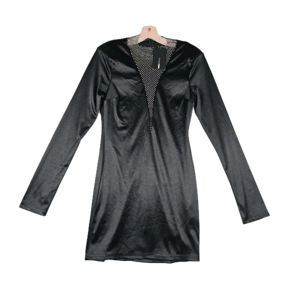 Fashion Nova New With Class Black Satin Mini Dress Rhinestone Women's Size Large